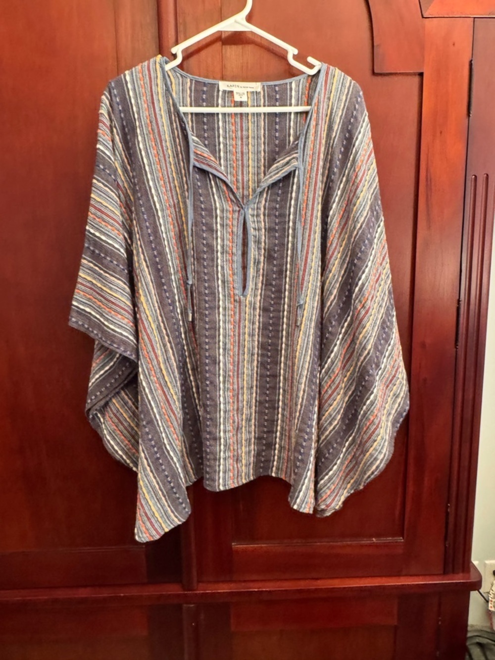 Karen by Karen Kane Multistripe V-Notch Poncho Top Blue White Orange Boho Medium